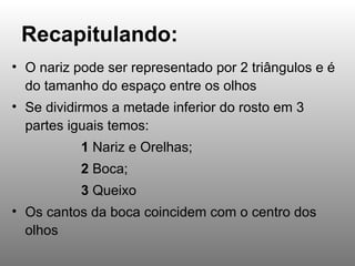 Recapitulando: O nariz pode ser representado por 2 triângulos e é do tamanho do espaço entre os olhos Se dividirmos a metade inferior do rosto em 3 partes iguais temos:  1  Nariz e Orelhas;  2  Boca;  3  Queixo Os cantos da boca coincidem com o centro dos olhos 