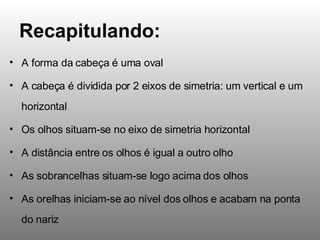 Recapitulando: A forma da cabeça é uma oval A cabeça é dividida por 2 eixos de simetria: um vertical e um horizontal Os olhos situam-se no eixo de simetria horizontal A distância entre os olhos é igual a outro olho As sobrancelhas situam-se logo acima dos olhos As orelhas iniciam-se ao nível dos olhos e acabam na ponta do nariz 