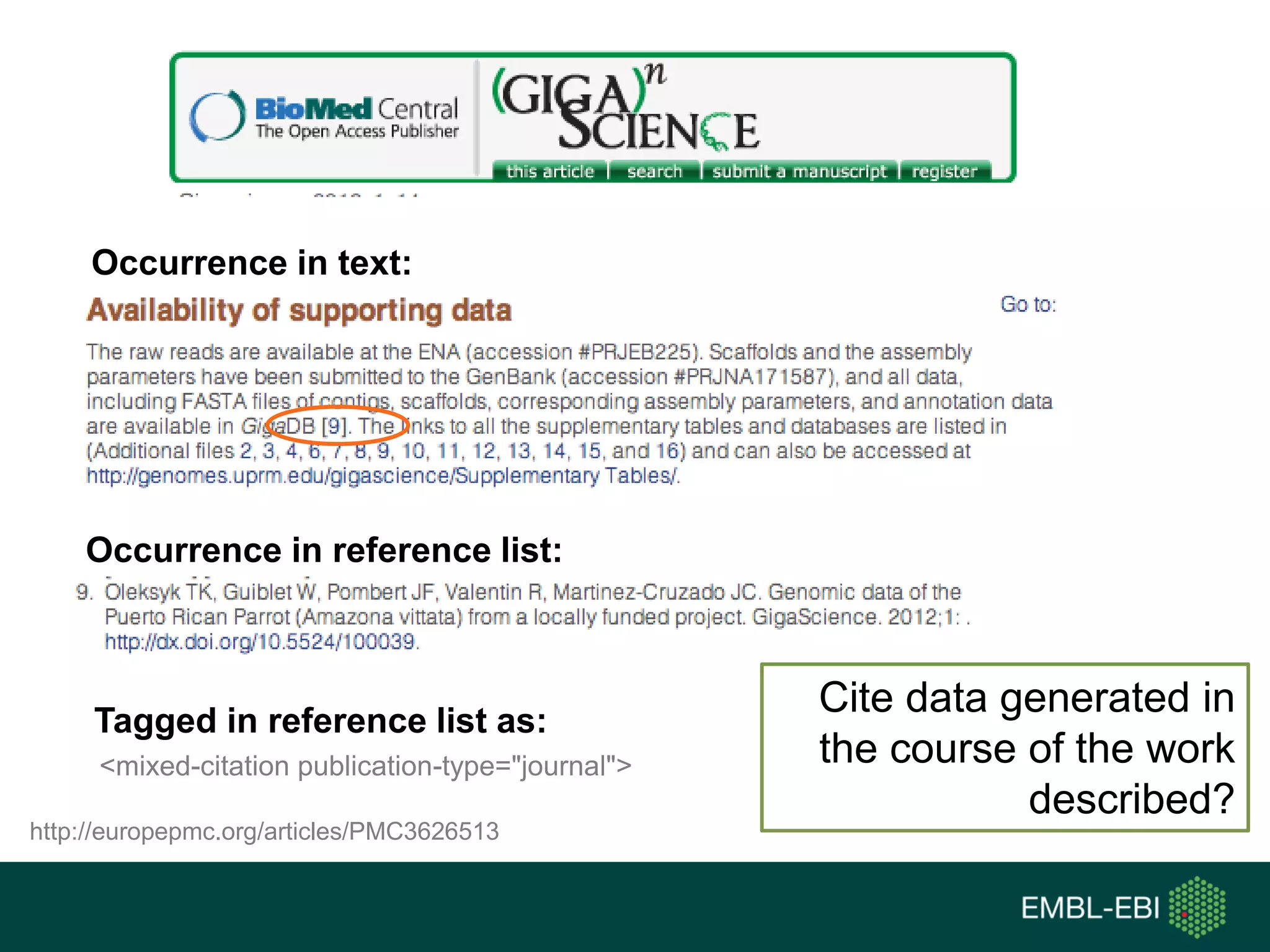 http://europepmc.org/articles/PMC3626513
<mixed-citation publication-type="journal">
Occurrence in text:
Occurrence in reference list:
Tagged in reference list as:
Cite data generated in
the course of the work
described?
 