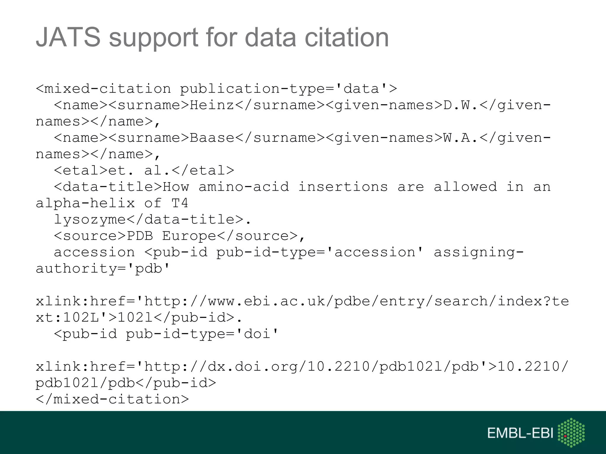 JATS support for data citation
<mixed-citation publication-type='data'>
<name><surname>Heinz</surname><given-names>D.W.</given-
names></name>,
<name><surname>Baase</surname><given-names>W.A.</given-
names></name>,
<etal>et. al.</etal>
<data-title>How amino-acid insertions are allowed in an
alpha-helix of T4
lysozyme</data-title>.
<source>PDB Europe</source>,
accession <pub-id pub-id-type='accession' assigning-
authority='pdb'
xlink:href='http://www.ebi.ac.uk/pdbe/entry/search/index?te
xt:102L'>102l</pub-id>.
<pub-id pub-id-type='doi'
xlink:href='http://dx.doi.org/10.2210/pdb102l/pdb'>10.2210/
pdb102l/pdb</pub-id>
</mixed-citation>
 