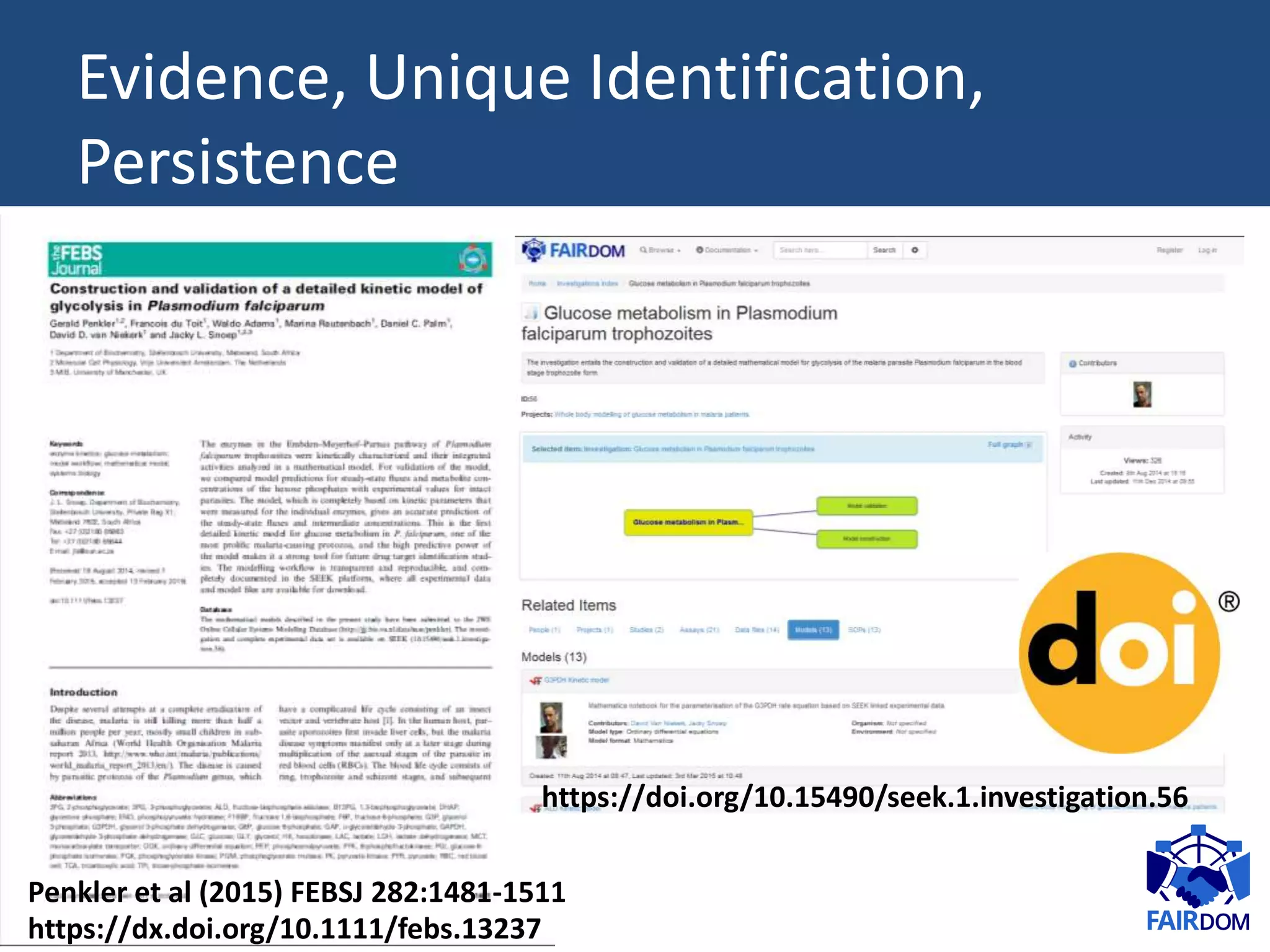 Penkler et al (2015) FEBSJ 282:1481-1511
https://dx.doi.org/10.1111/febs.13237
https://doi.org/10.15490/seek.1.investigation.56
Evidence, Unique Identification,
Persistence
 