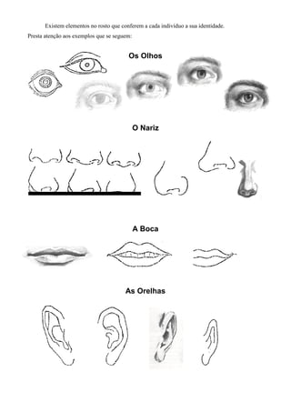Existem elementos no rosto que conferem a cada indivíduo a sua identidade.
Presta atenção aos exemplos que se seguem:


                                        Os Olhos




                                             O Nariz




                                             A Boca




                                       As Orelhas
 