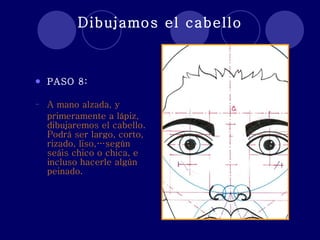 Dibujamos el cabello PASO 8:  A mano alzada, y primeramente a lápiz, dibujaremos el cabello. Podrá ser largo, corto, rizado, liso,…según seáis chico o chica, e incluso hacerle algún peinado. 