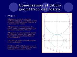 Comenzamos el dibujo geométrico del rostro. PASO 1: Dibujamos el eje de simetría vertical del papel. Y medimos sobre él 66mm desde el borde superior y a continuación 55mm. Dibujamos la circunferencia de mayor radio con centro el extremo del último segmento (55mm). Dibujamos la circunferencia menor de diámetro 55mm, para hallar su centro le trazamos la mediatriz a dicho diámetro . Inscribimos ambas circunferencias en un rectángulo. Dividimos 2/3 del lado mayor en 4 partes iguales y el lado menor en 8, mediante Teorema de Tales . 