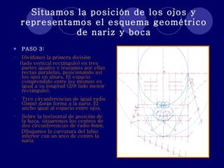 Situamos la posición de los ojos y representamos el esquema geométrico de nariz y boca PASO 3: Dividimos la primera división (lado vertical rectángulo) en tres partes iguales y trazamos por ellas rectas paralelas, posicionando así los ojos en altura. El espacio comprendido entre los mismos es igual a su longitud (2/8 lado menor rectángulo). Tres circunferencias de igual radio (5mm) darán forma a la nariz. El ancho igual al espacio entre ojos. Sobre la horizontal de posición de la boca, situaremos los centros de dos circunferencias de radio 8mm. Dibujamos la curvatura del labio inferior con un arco de centro la nariz. 