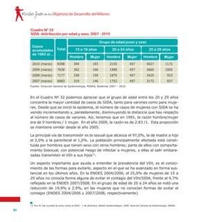 Rostro joven
114
de los Objetivos de Desarrollo del Milenio
Fuente: Dirección General de Epidemiología, MINSA, Boletines 2007 – 2010.
Cuadro Nº 33
SIDA: distribución por edad y sexo, 2007 - 2010
Casos
acumulados
de 1983 al…
Total 25 a 29 años
Grupo de edad joven y sexo
Hombre Mujer
1172
1005
923
837
4027
3660
3425
3172
20 a 24 años
Hombre Mujer
2155
1988
1875
1752
457
457
457
457
15 a 19 años
Hombre Mujer
394
362
338
319
193
166
159
146
8398
7638
7177
6683
2010 (marzo)
2009 (marzo)
2008 (marzo)
2007 (marzo)
En el Cuadro Nº 32 podemos apreciar que el grupo de edad entre los 20 y 29 años
concentra la mayor cantidad de casos de SIDA, tanto para varones como para muje-
res. Desde que se inició la epidemia, el número de casos de mujeres con SIDA se ha
venido incrementando y, paralelamente, disminuyendo la distancia que hay respecto
al número de casos de varones. Así, tenemos que en 1991, la razón hombre/mujer
era de 9 hombres / 1 mujer. En el año 2009, la razón es de 2.83 /1. Esta proporción
se mantiene similar desde el año 2005.
La principal vía de transmisión es la sexual que alcanza el 97,0%, la de madre a hijo
el 2,0% y la parenteral el 1,0%. La población principalmente afectada está consti-
tuida por hombres que tienen sexo con otros hombres; parte de ellos con comporta-
miento bisexual, con potencial riesgo de infectar a mujeres, y ellas al salir embara-
zadas transmiten el VIH a sus hijos73
.
Un aspecto importante que ayuda a entender la prevalencia del VIH, es el conoci-
miento de las formas para evitarlo, aspecto en el que se ha avanzado en forma sus-
tancial en los últimos años. En la ENDES 2004/2006, el 25,0% de mujeres de 15 a
29 años no conocía forma alguna de evitar el contagio del VIH/SIDA, frente al 4,7%
reflejado en la ENDES 2007/2008. En el grupo de edad de 20 a 24 años se notó una
reducción de 19,9% a 2,9%, en las mujeres que no conocían formas de evitar el
contagio (ENDES 2004/2006 y 2007/2008, respectivamente).
73	 Pun M. Día mundial de lucha contra el SIDA - 1 de diciembre. Boletín Epidemiológico. 2009. Dirección General de Epidemiología. MINSA.
 