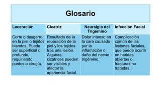 Glosario
Laceración Cicatriz Neuralgia del
Trigémino
Infección Facial
Corte o desgarro
en la piel o tejidos
blandos. Puede
ser superficial o
profundo,
requiriendo
puntos o cirugía.
Resultado de la
reparación de la
piel y los tejidos
tras una lesión.
Algunas
cicatrices pueden
ser visibles y
afectar la
apariencia facial.
Dolor intenso en
la cara causado
por la
inflamación o
daño del nervio
trigémino.
Complicación
común de las
lesiones faciales,
que puede ocurrir
en heridas
abiertas o
fracturas no
tratadas.
 