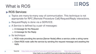 What is ROS
▶ROS Services:
▶ Topics are many-to-many way of communication. This technique is not
appropriate for RPC [Remote Procedure Call] Request/Reply interactions.
▶ Request/Reply is done via a SERVICE.
▶ A Service is defined by a pair of messages:
▶ A message for the Request
▶ A message for the Reply
▶ Its technique:
▶ ROS node providing the service [Server Node] offers a service under a string name
▶ Client ROS node calls the service by sending the request message and awaiting the
reply.
Source: http://wiki.ros.org/ROS/Tutorials/CreatingMsgAndSrv http://wiki.ros.org/srv
http://wiki.ros.org/ROS/Tutorials/UnderstandingServicesParams
 