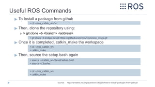 Useful ROS Commands
▶ To Install a package from github
▶ Then, clone the repository using:
▶ > git clone –b <branch> <address>
▶ Once it is completed, catkin_make the workspace
▶ Then, source the setup.bash again
> cd ~/ros_catkin_ws/src
> git clone -b indigo-devel https://github.com/ros/common_msgs.git
Source: http://answers.ros.org/question/240235/how-to-install-packages-from-github/
> cd ~/ros_catkin_ws
> catkin_make
> source ~/catkin_ws/devel/setup.bash
> source ~/.bashrc
> cd ~/ros_catkin_ws
> catkin_make
 