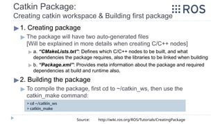 ▶1. Creating package
▶ The package will have two auto-generated files
[Will be explained in more details when creating C/C++ nodes]
▶ a. “CMakeLists.txt”: Defines which C/C++ nodes to be built, and what
dependencies the package requires, also the libraries to be linked when building
▶ b. “Package.xml”: Provides meta information about the package and required
dependencies at build and runtime also.
▶2. Building the package
▶ To compile the package, first cd to ~/catkin_ws, then use the
catkin_make command:
> cd ~/catkin_ws
> catkin_make
Source: http://wiki.ros.org/ROS/Tutorials/CreatingPackage
Catkin Package:
Creating catkin workspace & Building first package
 
