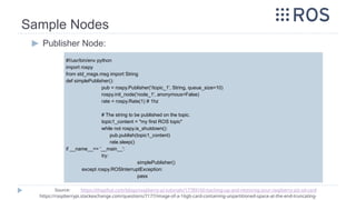 Sample Nodes
▶ Publisher Node:
#!/usr/bin/env python
import rospy
from std_msgs.msg import String
def simplePublisher():
pub = rospy.Publisher('/topic_1', String, queue_size=10)
rospy.init_node('node_1', anonymous=False)
rate = rospy.Rate(1) # 1hz
# The string to be published on the topic.
topic1_content = "my first ROS topic"
while not rospy.is_shutdown():
pub.publish(topic1_content)
rate.sleep()
if __name__== '__main__':
try:
simplePublisher()
except rospy.ROSInterruptException:
pass
Source: https://thepihut.com/blogs/raspberry-pi-tutorials/17789160-backing-up-and-restoring-your-raspberry-pis-sd-card
https://raspberrypi.stackexchange.com/questions/7177/image-of-a-16gb-card-containing-unpartitioned-space-at-the-end-truncating-
 