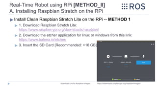 Real-Time Robot using RPi [METHOD_II]
A. Installing Raspbian Stretch on the RPi
▶ Install Clean Raspbian Stretch Lite on the RPi -- METHOD 1
▶ 1. Download Raspbian Stretch Lite:
https://www.raspberrypi.org/downloads/raspbian/
▶ 2. Download the etcher application for linux or windows from this link:
https://www.balena.io/etcher/
▶ 3. Insert the SD Card [Recommended: >16 GB]
Download Link for Raspbian images: https://downloads.raspberrypi.org/raspbian/images/
 