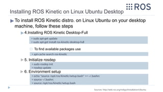 Installing ROS Kinetic on Linux Ubuntu Desktop
▶To install ROS Kinetic distro. on Linux Ubuntu on your desktop
machine, follow these steps
▶4.Installing ROS Kinetic Desktop-Full
◻ To find available packages use
▶ 5. Initialize rosdep
▶ 6. Environment setup
Sources: http://wiki.ros.org/indigo/Installation/Ubuntu
> sudo apt-get update
> sudo apt-get install ros-kinetic-desktop-full
> apt-cache search ros-kinetic
> sudo rosdep init
> rosdep update
> echo "source /opt/ros/kinetic/setup.bash" >> ~/.bashrc
> source ~/.bashrc
> source /opt/ros/kinetic/setup.bash
 