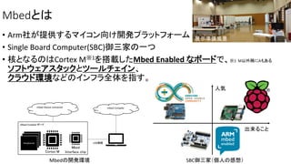Mbedとは
• Arm社が提供するマイコン向け開発プラットフォーム
• Single Board Computer(SBC)御三家の一つ
• 核となるのはCortex M※1を搭載したMbed Enabled なボードで、※1 M以外稀にAもある
ソフトウェアスタックとツールチェイン、
クラウド環境などのインフラ全体を指す。
Mbed
Interface chip
Mbed Enabled ボード
USB接続
Cortex M
mbed Device connector
Peripherals
Peripherals
mbed Compiler
Peripherals
Mbedの開発環境 SBC御三家（個人の感想）
人気
出来ること
展示準備風景
 