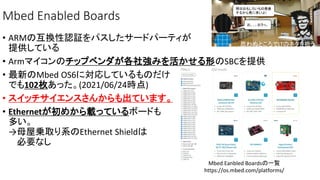 Mbed Enabled Boards
• ARMの互換性認証をパスしたサードパーティが
提供している
• Armマイコンのチップベンダが各社強みを活かせる形のSBCを提供
• 最新のMbed OS6に対応しているものだけ
でも102枚あった。(2021/06/24時点)
• スイッチサイエンスさんからも出ています。
• Ethernetが初めから載っているボードも
多い。
→母屋乗取り系のEthernet Shieldは
必要なし
Mbed Eanbled Boardsの一覧
https://os.mbed.com/platforms/
明日おもしろいもの発表
するから見に来いよ!
お、、、おうっ。
思わぬところでLTのネタを拾う。
 