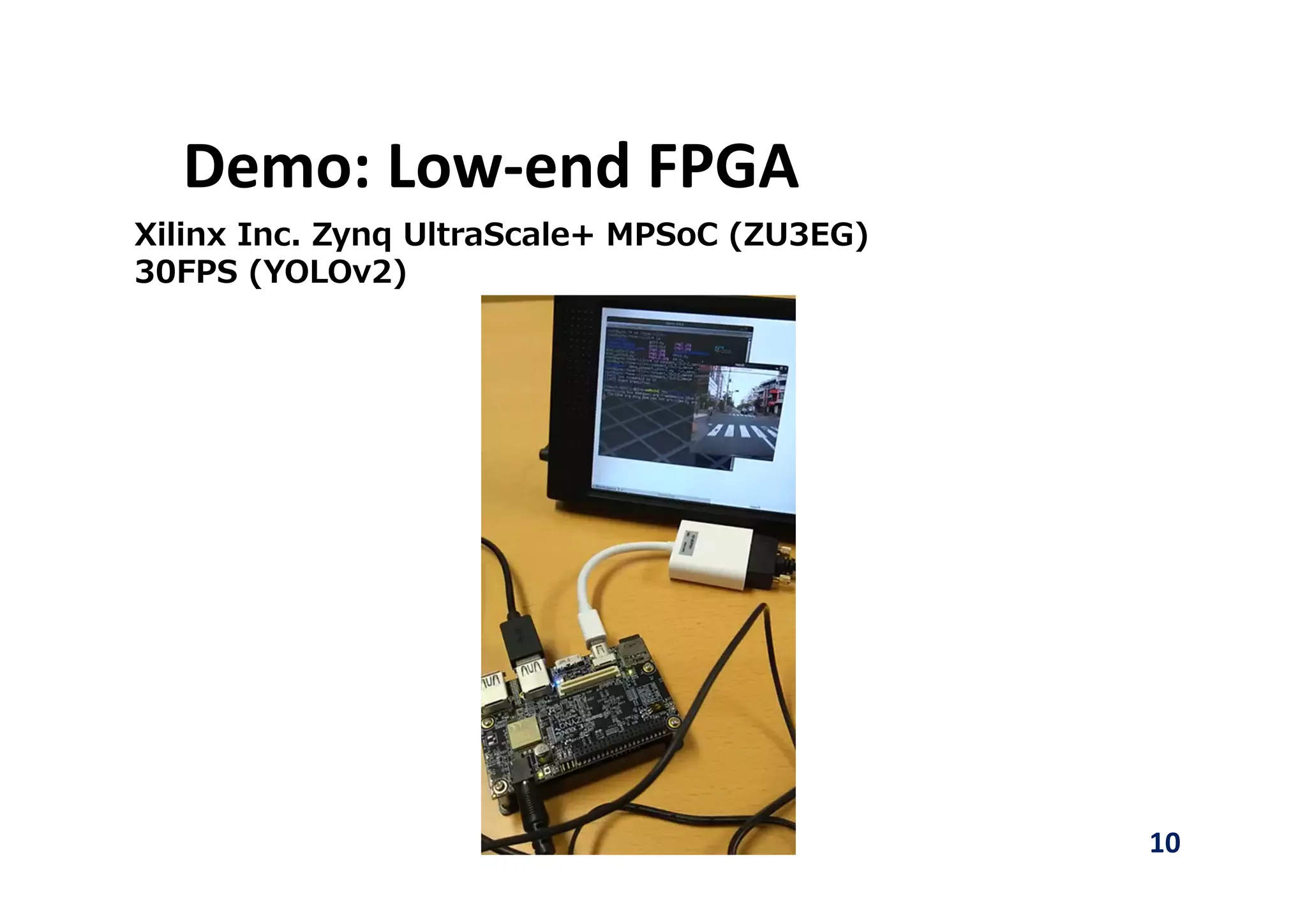 Demo: Low‐end FPGA
10
Xilinx Inc. Zynq UltraScale+ MPSoC (ZU3EG)
30FPS (YOLOv2)
 