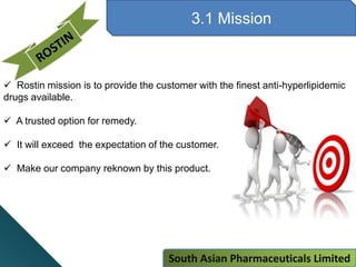 3.1 Mission
 Rostin mission is to provide the customer with the finest anti-hyperlipidemic
drugs available.
 A trusted option for remedy.
 It will exceed the expectation of the customer.
 Make our company reknown by this product.
South Asian Pharmaceuticals Limited
 