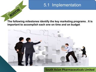 5.1 Implementation
The following milestones identify the key marketing programs . It is
important to accomplish each one on time and on budget
South Asian Pharmaceuticals Limited
 