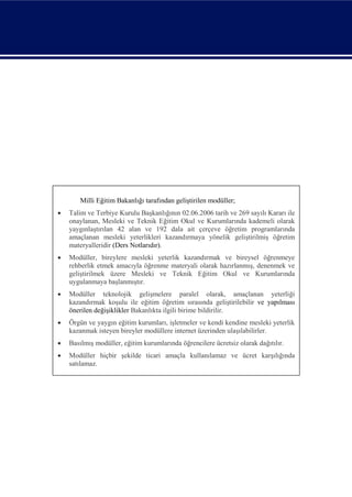 Milli Eğitim Bakanlığı tarafından geliştirilen modüller;
   Talim ve Terbiye Kurulu Başkanlığının 02.06.2006 tarih ve 269 sayılı Kararı ile
    onaylanan, Mesleki ve Teknik Eğitim Okul ve Kurumlarında kademeli olarak
    yaygınlaştırılan 42 alan ve 192 dala ait çerçeve öğretim programlarında
    amaçlanan mesleki yeterlikleri kazandırmaya yönelik geliştirilmiş öğretim
    materyalleridir (Ders Notlarıdır).
   Modüller, bireylere mesleki yeterlik kazandırmak ve bireysel öğrenmeye
    rehberlik etmek amacıyla öğrenme materyali olarak hazırlanmış, denenmek ve
    geliştirilmek üzere Mesleki ve Teknik Eğitim Okul ve Kurumlarında
    uygulanmaya başlanmıştır.
   Modüller teknolojik gelişmelere paralel olarak, amaçlanan yeterliği
    kazandırmak koşulu ile eğitim öğretim sırasında geliştirilebilir ve yapılması
    önerilen değişiklikler Bakanlıkta ilgili birime bildirilir.
   Örgün ve yaygın eğitim kurumları, işletmeler ve kendi kendine mesleki yeterlik
    kazanmak isteyen bireyler modüllere internet üzerinden ulaşılabilirler.
   Basılmış modüller, eğitim kurumlarında öğrencilere ücretsiz olarak dağıtılır.
   Modüller hiçbir şekilde ticari amaçla kullanılamaz ve ücret karşılığında
    satılamaz.
 