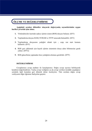 ÖLÇME VE DEĞERLENDİRME
ÖLÇME VE DEĞERLENDİRME
      Aşağıdaki soruları dikkatlice okuyarak doğru/yanlış seçeneklerinden uygun
harfleri yuvarlak içine alınız.

    1. Yönlendiriciler üzerinde sadece işletim sistem (ROS) dosyası bulunur. (D/Y)

    2. Yapılandırma dosyası RAM, NVRAM ve TFTP sunucuda bulunabilir. (D/Y)

    3. Yapılandırma dosyasının yedeğini almak için ; copy run start komutu
       kullanılır. (D/Y)

    4. ROS geri yüklemek için kayıtlı işletim sisteminin dosya adını bilinmesine gerek
       yoktur. (D7Y))

    5. ROS güncelleme yapmadan önce yedeğinin alınması gereklidir. (D7Y)



      DEĞERLENDİRME

      Cevaplarınızı cevap anahtarı ile karşılaştırınız. Doğru cevap sayınızı belirleyerek
kendinizi değerlendiriniz. Yanlış cevap verdiğiniz ya da cevap verirken tereddüt yaşadığınız
sorularla ilgili konulara geri dönerek tekrar inceleyiniz. Tüm sorulara doğru cevap
verdiyseniz diğer öğrenme faaliyetine geçiniz.




                                            29
 