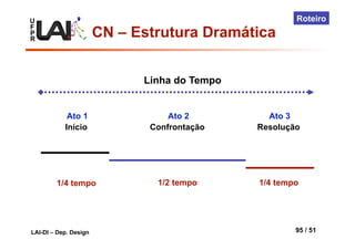 U
F
P
R
LAI-DI – Dep. Design 95 / 51
Roteiro
Linha do Tempo
Início Confrontação Resolução
Ato 1 Ato 2 Ato 3
1/4 tempo 1/2 tempo 1/4 tempo
CN – Estrutura Dramática
 