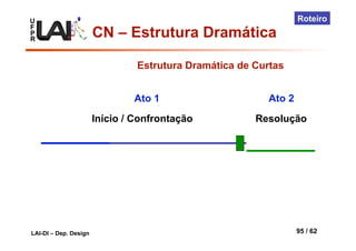 U
F
P
R
LAI-DI – Dep. Design 95 / 62
Roteiro
Estrutura Dramática de Curtas
Início / Confrontação Resolução
Ato 1 Ato 2
CN – Estrutura Dramática
 