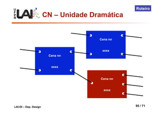 U
F
P
R
LAI-DI – Dep. Design 95 / 71
Roteiro
Cena nn
xxxx
Cena nn
xxxx
Cena nn
xxxx
CN – Unidade Dramática
 