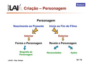 U
F
P
R
LAI-DI – Dep. Design 95 / 78
Roteiro
Exterior
Necessidades Ações
Personagem
Interior
Biografia da
Personagem
Forma o Personagem Revela o Personagem
Nascimento ao Presente Início ao Fim do Filme
Criação – Personagem
 