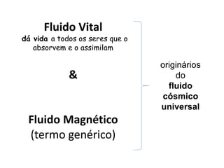 Fluido Vital
dá vida a todos os seres que o
absorvem e o assimilam
&
Fluido Magnético
(termo genérico)
originários
do
fluido
cósmico
universal
 