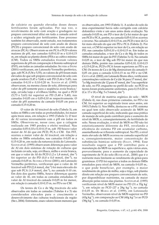 Sistemas de manejo de solo e de rotação de culturas
Bragantia, Campinas, v.67, n.2, p.441-454, 2008
445
de calcário ou quando elevadas doses desses
fertilizantes foram aplicadas. Por sua vez, o
revolvimento de solo com aração e gradagens no
preparo convencional dilui em toda a camada arável
a acidez originada por fertilizantes. Esse processo
também foi observado, neste estudo, nos tratamentos
preparo convencional de solo com arado de discos
(PCD) e preparo convencional de solo com arado de
aivecas (PCA). Observaram-se em PCA e PCD valores
maiores de pH, nas camadas 0,05-0,10 m e 0,10-0,15
m, em relação ao plantio direto (PD) e ao cultivo mínimo
(CM). Todos os SMSs estudados tiveram valores
superiores de pH em comparação à floresta subtropical
(FST), em todas as camadas estudadas. SILVEIRA e STONE
(2001) verificaram, em Latossolo Vermelho perférrico,
que, sob PCA (5,56 e 5,55), os valores de pH foram mais
elevados do que sob preparo convencional de solo com
grade aradora (5,45 e 5,64) e sob PD (5,44 e 5,45), nas
camadas 0-0,10 e 0,10-0,20 m. SANTOS et al. (1995)
observaram, na mesma classe de solo, diferenças para
valor de pH somente para a seqüência aveia branca/
soja, cevada/soja e ervilhaca/milho, na qual o PCD
(5,73 e 5,63) foi superior ao PD (5,40 e 5,40), nas
camadas 0-0,05 cm e 0,05-0,10 m respectivamente. O
valor de pH aumentou da camada 0-0,05 cm para a
camada 0,15-0,20 m.
O valor de Al trocável de solo (Tabela 3), em
todos os SMSs e em todas as profundidades, foi maior
após treze anos, em relação a 1993 (Tabela 1). O teor
de Al variou inversamente com o pH em todos os
SMSs. Observou-se, nesse caso, que a calagem
realizada em 1985 perdeu o efeito residual. Nas
camadas 0,05-0,10 e 0,10-0,15 m, sob PD houve valor
maior de Al do que em PCD, PCA e CM. Em FST,
ocorreu o maior valor de Al trocável, em relação a
todos os SMSs estudados, nas camadas 0-0,05 m a
0,15-0,20 m, em razão da natureza ácida do Latossolo.
SANTOS et al. (1995) observaram diferenças para valor
de Al em dois sistemas de rotação de culturas que
incluíam cevada, soja, ervilhaca, milho e aveia branca,
em que o valor de Al do PCD (1,2 e 1,8 mmolc dm-3
)
foi superior ao do PD (0,0 e 0,0 mmolc dm-3
), na
camada 0-0,05 m. SILVEIRA e STONE (2001), em Latossolo
Vermelho perférrico, verificaram que o valor de Al
trocável sob PD (2,4 mmolc dm-3
) foi mais elevado do
que sob PCA (1,9 mmolc dm-3
), na camada 0-10 cm.
Em dois dos quatro SMSs, houve diferenças quanto
ao valor de Al, em todas as camadas estudadas. O
valor de Al trocável da camada 0-0,05 m foi menor,
em relação à camada 0,10-0,15 m, no PD e no CM.
Os teores de Ca e de Mg trocáveis do solo
observados em todas as camadas (Tabelas 4 e 5) são
considerados elevados para o crescimento e
desenvolvimento das culturas tradicionais da região
(SBCS, 2004). Entretanto, esses valores foram menores que
os observados, em 1993 (Tabela 1). A acidez do solo da
área experimental havia sido corrigida com calcário
dolomítico vinte e um anos antes desta avaliação. Na
camada 0-0,05 m, em PD o teor de Ca foi maior do que
em PCD e PCA, porém, na camada 0,05-0,10 m ocorreu
o inverso. Na camada 0,10-0,15 m, em PCD o teor de Ca
foi mais elevado do que em PD e PCA (Tabela 2). Por
sua vez, o CM foi superior no teor de Ca, em relação ao
PD, nas camadas 0,05-0,10 e 0,10-0,15 m. Em todas as
camadas estudadas, o teor de Ca e de Mg de todos os
SMSs foi maior do que da FST (Tabelas 3 e 4). Na camada
0-0,05 m, o teor de Mg sob PD foi maior do que nos
demais SMSs, porém nas camadas 0,05-0,10, 0,10-0,15
e 0,15-0,20 m, PCD e PCA foram superiores ao PD e ao
CM. Os teores de Ca e de Mg diminuíram da camada 0-
0,05 cm para a camada 0,10-0,15 m no PD e no CM.
CIOTTA et al. (2002), em Latossolo Bruno álico, verificaram
concentrações variáveis de Ca (de 36 para 17 mmolc dm-
3
) e Mg trocáveis (de 12 para 47 mmolc dm-3
) na superfície
de solo, no PD, enquanto no perfil do solo no PCD os
teores foram praticamente uniformes, para 0,15-0,20 m
(Ca: 17 e 18; e Mg: 5 e 5 mmolc dm-3
).
O nível de matéria orgânica do solo - MOS
(Tabela 4), nas duas primeiras camadas, no PD e no
CM, foi superior ao registrado treze anos antes, em
1993 (Tabela 1). Nos SMSs, destacou-se o PD, sistema
no qual tem sido observado acúmulo de MOS na
camada superficial do solo, indicando que essa prática
de manejo de solo pode contribuir para o aumento do
nível de MOS, e, conseqüentemente, da fertilidade de
solo. Nessa avaliação, o nível de MOS no PD não foi
estatisticamente diferente da FST, revelando a
eficiência do sistema PD em acumular carbono,
assemelhando-se à floresta subtropical. No PD, o nível
mais elevado de MOS ocorreu na camada superficial
e, conseqüentemente, maior concentração de
substâncias húmicas solúveis (SALET, 1994). Esse
resultado sugere que o PD contribui para a
manutenção da MOS na superfície e, após vários anos,
provavelmente, para o aumento da capacidade de
suprimento de N do solo (BAYER et al., 2000) que é o
nutriente mais limitante ao rendimento de grãos para
gramíneas. O PD foi superior a todos os demais SMSs
estudados para nível de MOS, na camada 0-0,05 m,.
o que pode beneficiar, por exemplo, o maior
rendimento de grãos de milho, soja e trigo, sob plantio
direto em relação aos preparo convencionais de solo,
por disponibilizar nutrientes, na camada de maior
absorção pelas raízes das plantas. SANTOS et al. (1995)
verificaram nível de MOS maior no PD (31 a 35g kg-
1
), em relação ao PCD (27 a 28g kg-1
), na camada
0-0,05 m. DE MARIA et al. (1999), em Latosssolo
Vermelho, observaram nível de MOS superior no PD
(43g kg-1
), em comparação ao CM (40g kg-1
) e ao PCD
(38g kg-1
), na camada 0-0,05 m.
 