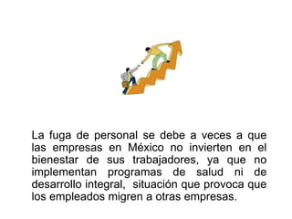 La fuga de personal se debe a veces a que 
las empresas en México no invierten en el 
bienestar de sus trabajadores, ya que no 
implementan programas de salud ni de 
desarrollo integral, situación que provoca que 
los empleados migren a otras empresas. 
 