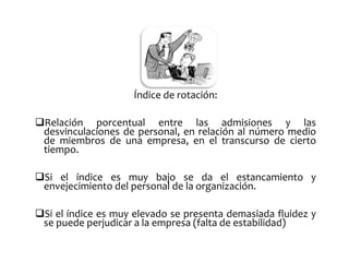 Índice de rotación: 
Relación porcentual entre las admisiones y las 
desvinculaciones de personal, en relación al número medio 
de miembros de una empresa, en el transcurso de cierto 
tiempo. 
Si el índice es muy bajo se da el estancamiento y 
envejecimiento del personal de la organización. 
Si el índice es muy elevado se presenta demasiada fluidez y 
se puede perjudicar a la empresa (falta de estabilidad) 
 