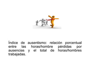 Índice de ausentismo: relación porcentual 
entre las horas/hombre pérdidas por 
ausencias y el total de horas/hombres 
trabajadas. 
 