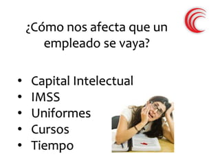 ¿Cómo nos afecta que un 
empleado se vaya? 
• Capital Intelectual 
• IMSS 
• Uniformes 
• Cursos 
• Tiempo 
 