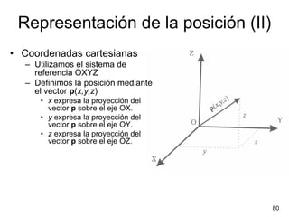Representación de la posición (II)
• Coordenadas cartesianas
  – Utilizamos el sistema de
    referencia OXYZ
  – Definimos la posición mediante
    el vector p(x,y,z)
     • x expresa la proyección del
       vector p sobre el eje OX.
     • y expresa la proyección del
       vector p sobre el eje OY.
     • z expresa la proyección del
       vector p sobre el eje OZ.




                                      80
 