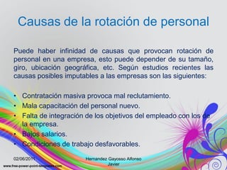 Causas de la rotación de personal

Puede haber infinidad de causas que provocan rotación de
personal en una empresa, esto puede depender de su tamaño,
giro, ubicación geográfica, etc. Según estudios recientes las
causas posibles imputables a las empresas son las siguientes:

• Contratación masiva provoca mal reclutamiento.
• Mala capacitación del personal nuevo.
• Falta de integración de los objetivos del empleado con los de
  la empresa.
• Bajos salarios.
• Condiciones de trabajo desfavorables.

02/06/2011             Hernandez Gayosso Alfonso
                                 Javier
 