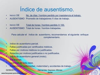 Índice de ausentismo.
•       DE
    ÍNDICE     No. de días / hombre perdido por inasistencia al trabajo.
•   AUSENTISMO Promedio de trabajadores X días de trabajo.

•       DE
    ÍNDICE     Total de horas / hombre perdido X 100.
•   AUSENTISMO Total de horas / hombre trabajadas.

     Para calcular el índice de ausentismo, recomendamos el siguiente enfoque
                                    complementario.

•   índice de ausentismo parcial.
•   Faltas justificadas por certificados médicos.
•   Faltas por motivos médicos no justificados.
•   Retardos por motivos justificados o no justificados.
•   índice de ausentismo general (mixto).
•   Vacaciones.
•   Licencias de toda clase.
•   Ausencia por enfermedad, maternidad y accidentes de trabajo.
02/06/2011                     Hernandez Gayosso Alfonso
                                         Javier
 