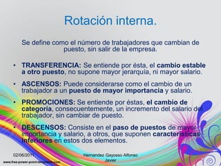 Rotación interna.
    Se define como el número de trabajadores que cambian de
                 puesto, sin salir de la empresa.

• TRANSFERENCIA: Se entiende por ésta, el cambio estable
  a otro puesto, no supone mayor jerarquía, ni mayor salario.
• ASCENSOS: Puede considerarse como el cambio de un
  trabajador a un puesto de mayor importancia y salario.
• PROMOCIONES: Se entiende por éstas, el cambio de
  categoría, consecuentemente, un incremento del salario del
  trabajador, sin cambiar de puesto.
• DESCENSOS: Consiste en el paso de puestos de mayor
  importancia y salario, a otros, que suponen características
  inferiores en estos dos elementos.

02/06/2011             Hernandez Gayosso Alfonso
                                 Javier
 