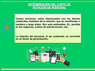 Costos terciarios: estas relacionados con los efectos
colaterales mediatos de la rotación, que se manifiestas a
mediano y largo plazo. Son solo estimables. Ej.: perdida
en los negocios, costos de extrainversion, etc.
La rotación del personal, al ser acelerada, se convierte
en un factor de perturbación.
 