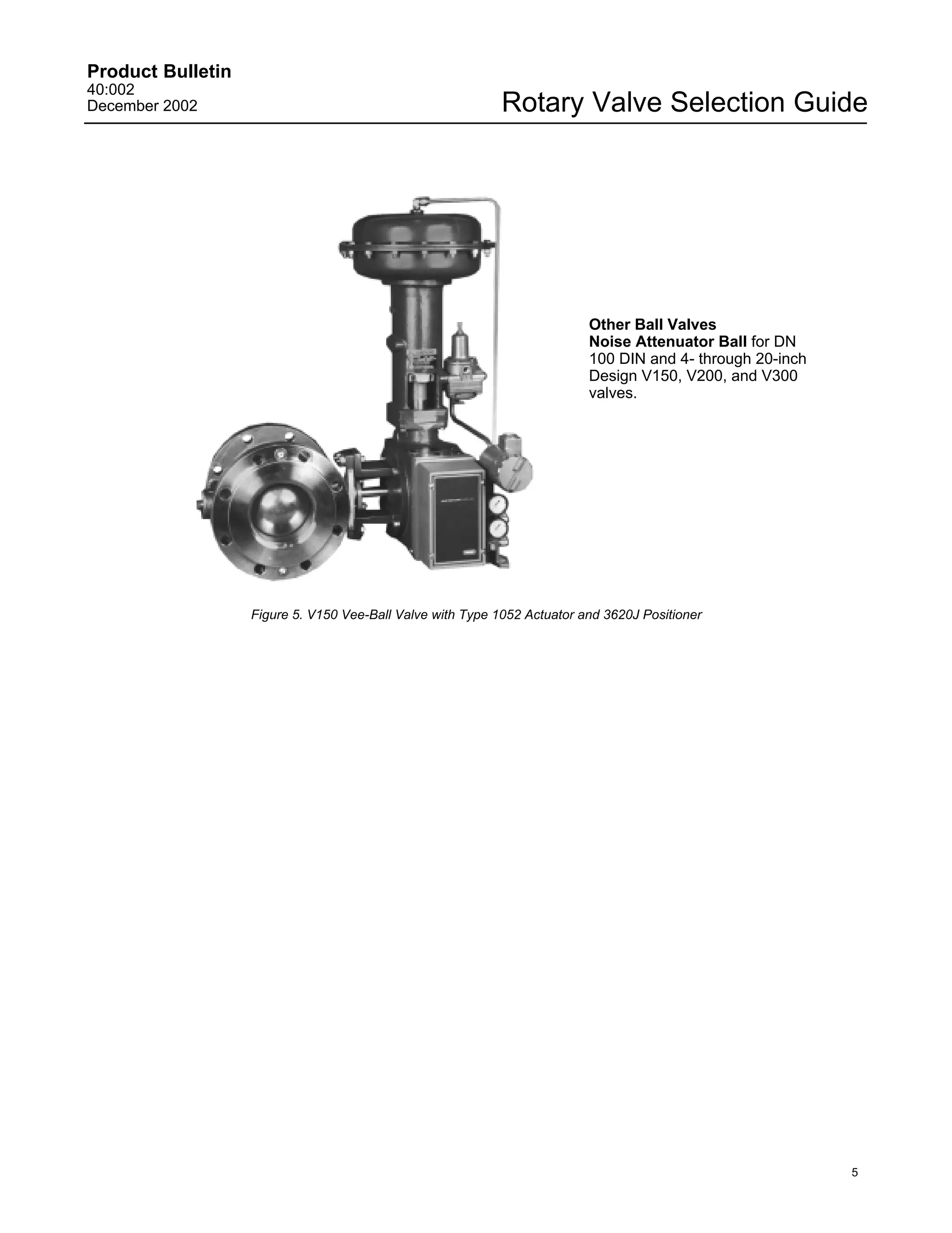 Product Bulletin
40:002
December 2002                                               Rotary Valve Selection Guide




                                                                          Other Ball Valves
                                                                          Noise Attenuator Ball for DN
                                                                          100 DIN and 4- through 20-inch
                                                                          Design V150, V200, and V300
                                                                          valves.




                   Figure 5. V150 Vee-Ball Valve with Type 1052 Actuator and 3620J Positioner




                                                                                                           5
 