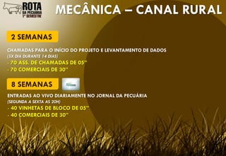 MECÂNICA – CANAL RURAL
 2 SEMANAS
CHAMADAS PARA O INÍCIO DO PROJETO E LEVANTAMENTO DE DADOS
(5X DIA DURANTE 14 DIAS)
- 70 ASS. DE CHAMADAS DE 05”
- 70 COMERCIAIS DE 30”

 8 SEMANAS
ENTRADAS AO VIVO DIARIAMENTE NO JORNAL DA PECUÁRIA
(SEGUNDA A SEXTA AS 20H)
- 40 VINHETAS DE BLOCO DE 05”
- 40 COMERCIAIS DE 30”
 