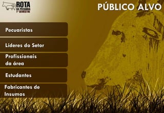 PÚBLICO ALVO

Pecuaristas

Líderes do Setor
Profissionais
da área

Estudantes

Fabricantes de
Insumos
 