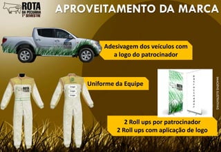 APROVEITAMENTO DA MARCA

         Adesivagem dos veículos com
            a logo do patrocinador




                                                IMAGENS ILUSTRATIVAS
    Uniforme da Equipe




                2 Roll ups por patrocinador
             2 Roll ups com aplicação de logo
 