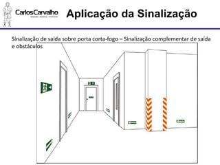 Sinalização de saída sobre porta corta-fogo –Sinalização complementar de saída e obstáculos 
Aplicação da Sinalização  