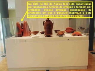 No leito da Ria de Aveiro têm sido encontradas por pescadores furtivos de amêijoa e também por entidades oficiais grandes quantidades de artefactos em que é possível distinguir o pote cónico que participa na refinação do açúcar. 