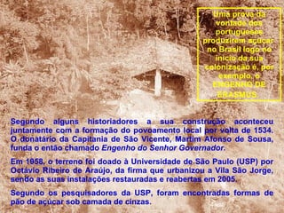 Segundo alguns historiadores a sua construção aconteceu juntamente com a formação do povoamento local por volta de 1534. O donatário da Capitania de São Vicente, Martim Afonso de Sousa, funda o então chamado  Engenho do Senhor Governador. Em 1958, o terreno foi doado à Universidade de São Paulo (USP) por Octávio Ribeiro de Araújo, da firma que urbanizou a Vila São Jorge, sendo as suas instalações restauradas e reabertas em 2005.  Segundo os pesquisadores da USP, foram encontradas formas de pão de açúcar sob camada de cinzas.   Uma prova da vontade dos portugueses produzirem açúcar  no Brasil logo no inicio da sua colonização é, por exemplo, o ENGENHO DE ERASMUS.   