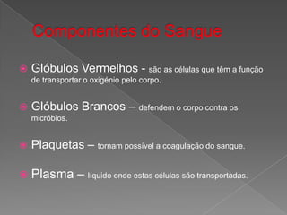 Componentes do SangueGlóbulos Vermelhos - são as células que têm a função de transportar o oxigénio pelo corpo.Glóbulos Brancos – defendem o corpo contra os micróbios.Plaquetas – tornam possível a coagulação do sangue.Plasma – líquido onde estas células são transportadas.