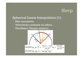 Spherical Linear Interpolation [1]:
• Não-comutativo.
• Velocidade constante na esfera.
• Geodésico (Torque mínimo).• Geodésico (Torque mínimo).
 