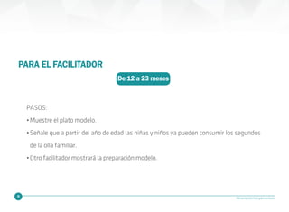 28 Alimentación Complementaria
De 12 a 23 meses
PARA EL FACILITADOR
PASOS:
•Muestre el plato modelo.
•Señale que a partir del año de edad las niñas y niños ya pueden consumir los segundos
de la olla familiar.
•Otro facilitador mostrará la preparación modelo.
 