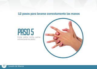 13 Lavado de Manos
PASO5Frotar palma contra palma
entrelazando los dedos.
12 pasos para lavarse correctamente las manos
 